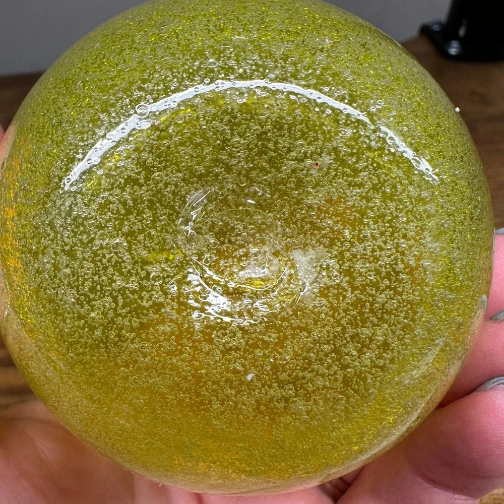 RBG Handmade Art Glass Bud Vase Yellow Green Seeded Bubble Sphere Vietnam